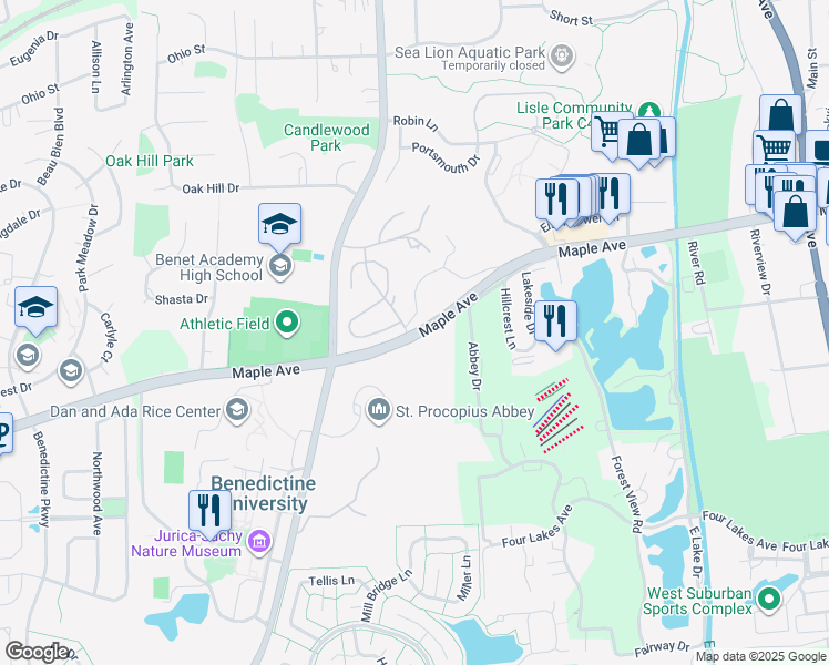 map of restaurants, bars, coffee shops, grocery stores, and more near 1701-2007 Maple Ave in Lisle