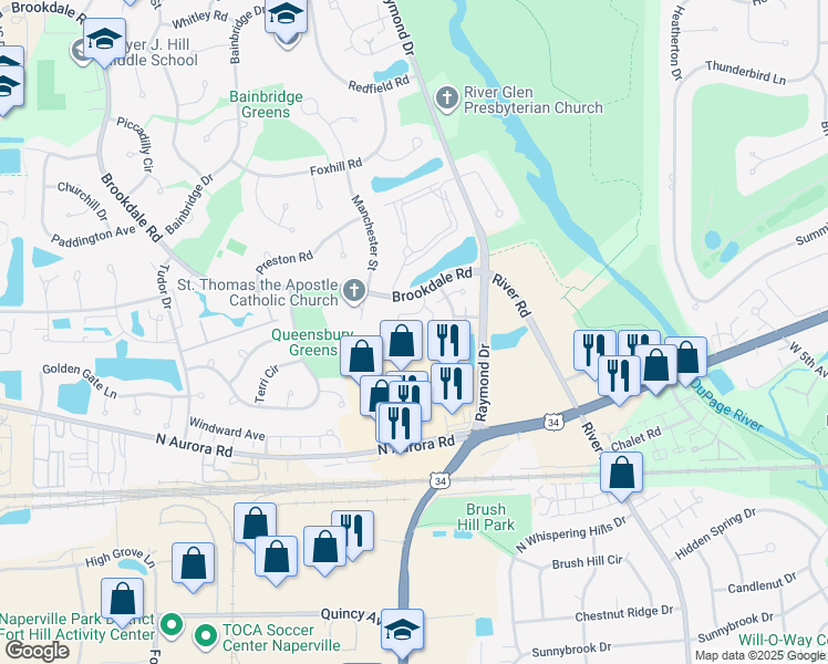 map of restaurants, bars, coffee shops, grocery stores, and more near 1400 Brookdale Road in Naperville