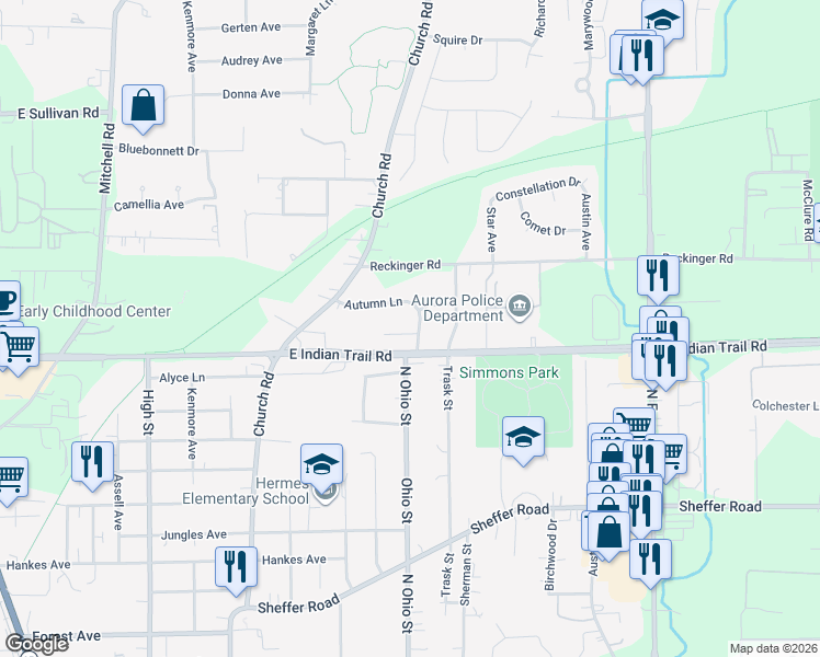 map of restaurants, bars, coffee shops, grocery stores, and more near 1001 Apple Court in Aurora
