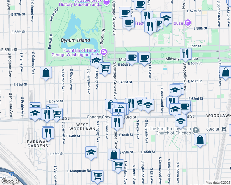 map of restaurants, bars, coffee shops, grocery stores, and more near 6129 South Cottage Grove Avenue in Chicago
