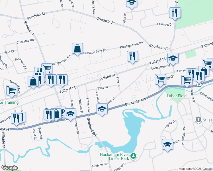 map of restaurants, bars, coffee shops, grocery stores, and more near 62 Bliss Street in East Hartford