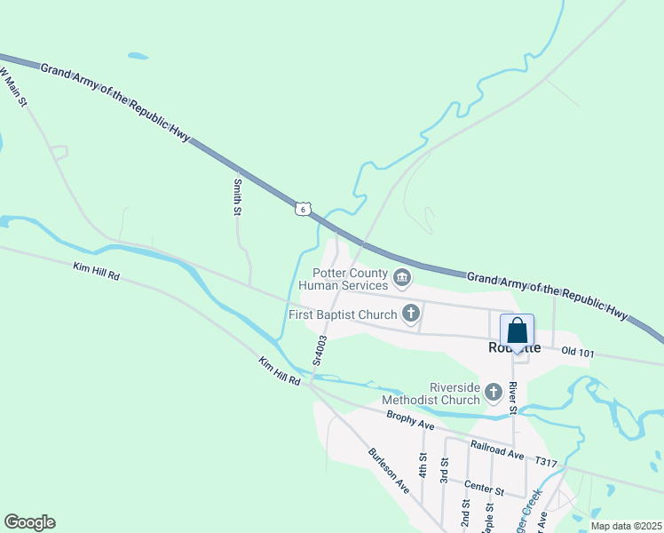 map of restaurants, bars, coffee shops, grocery stores, and more near Creekside Drive in Roulette