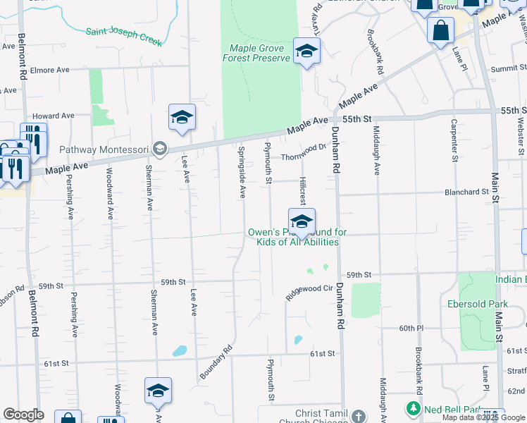map of restaurants, bars, coffee shops, grocery stores, and more near 5732 Plymouth Street in Downers Grove