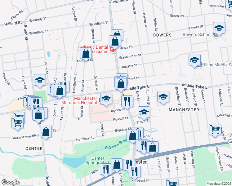 map of restaurants, bars, coffee shops, grocery stores, and more near 14 Middle Turnpike West in Manchester