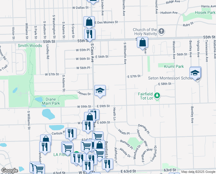 map of restaurants, bars, coffee shops, grocery stores, and more near 42 East 58th Street in Westmont