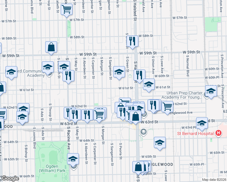 map of restaurants, bars, coffee shops, grocery stores, and more near 6131 South Sangamon Street in Chicago