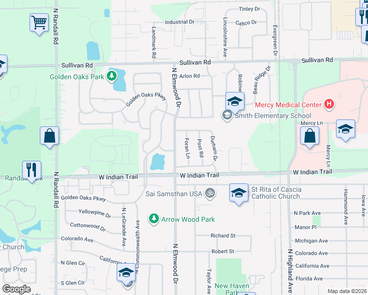 map of restaurants, bars, coffee shops, grocery stores, and more near 1290 Foran Lane in Aurora