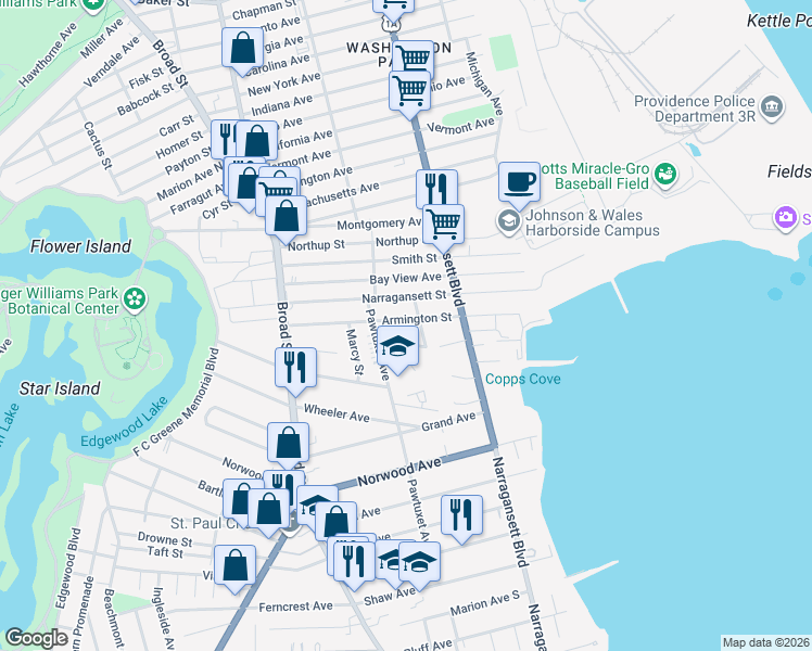 map of restaurants, bars, coffee shops, grocery stores, and more near 120 Pawtuxet Avenue in Cranston