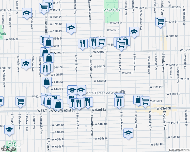 map of restaurants, bars, coffee shops, grocery stores, and more near 3656 West 61st Street in Chicago