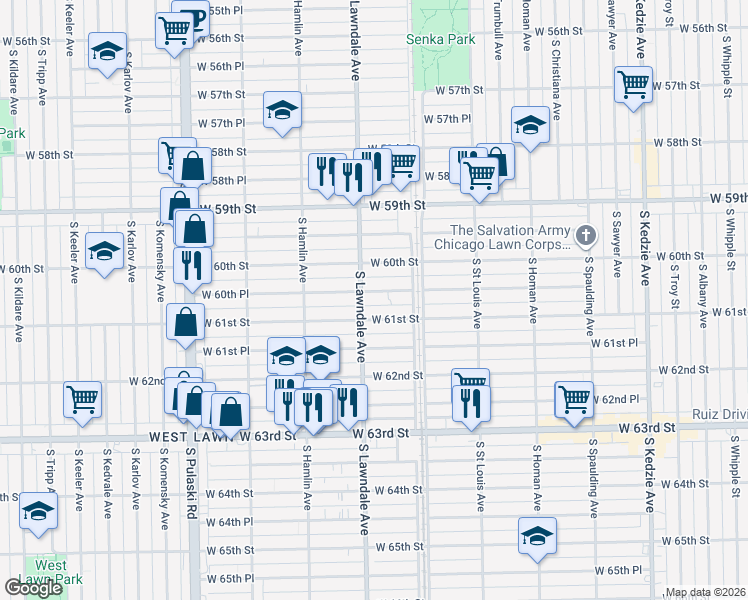 map of restaurants, bars, coffee shops, grocery stores, and more near 3656 West 61st Street in Chicago