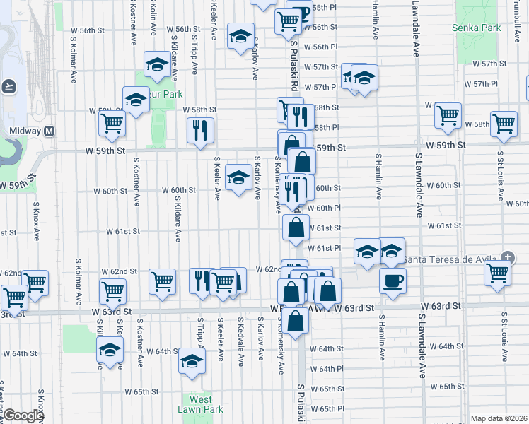map of restaurants, bars, coffee shops, grocery stores, and more near 6054 South Komensky Avenue in Chicago