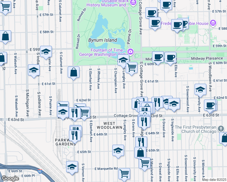 map of restaurants, bars, coffee shops, grocery stores, and more near 6130 South Champlain Avenue in Chicago