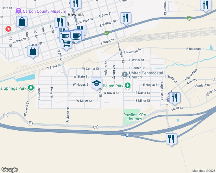 map of restaurants, bars, coffee shops, grocery stores, and more near 200-398 West Davis Street in Rawlins