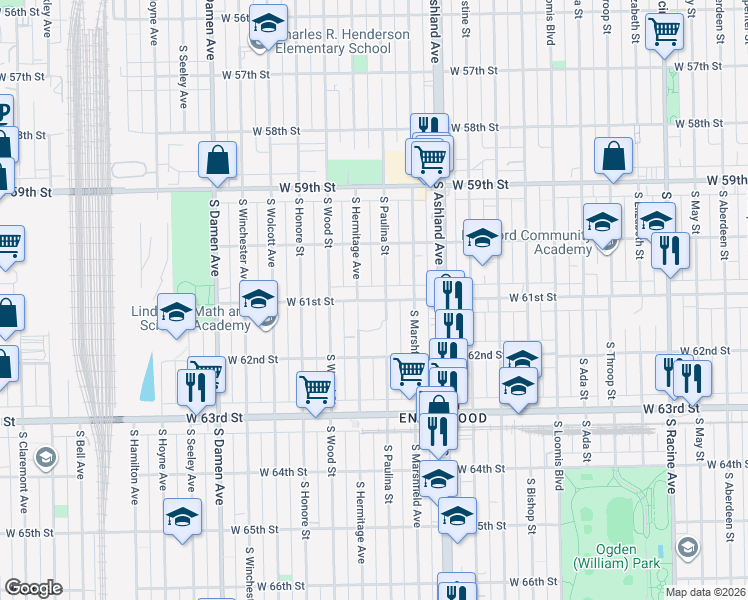 map of restaurants, bars, coffee shops, grocery stores, and more near 1711 West 61st Street in Chicago
