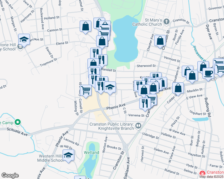 map of restaurants, bars, coffee shops, grocery stores, and more near 15 Mayberry Street in Cranston