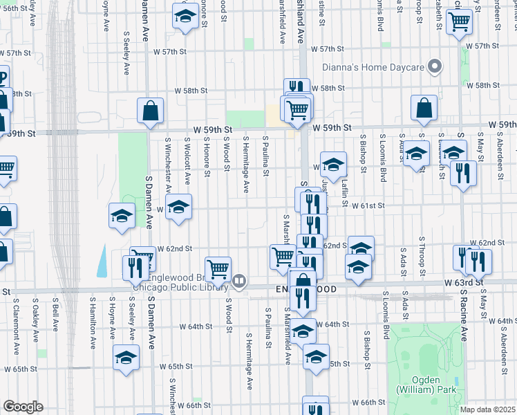 map of restaurants, bars, coffee shops, grocery stores, and more near 6121 South Hermitage Avenue in Chicago