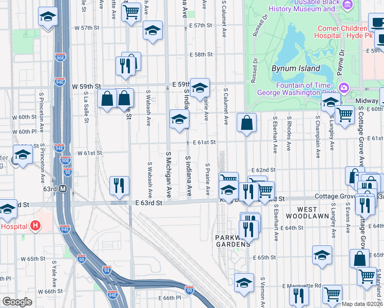 map of restaurants, bars, coffee shops, grocery stores, and more near 6123 South Indiana Avenue in Chicago
