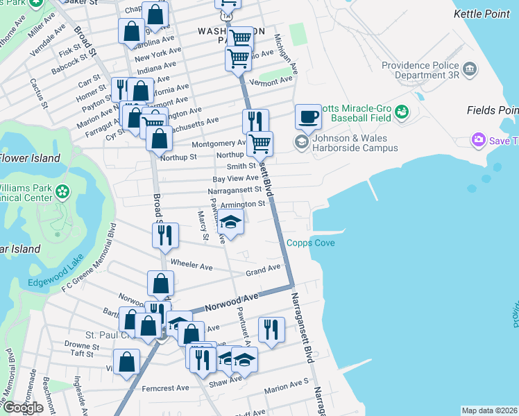 map of restaurants, bars, coffee shops, grocery stores, and more near 41 Central Street in Cranston