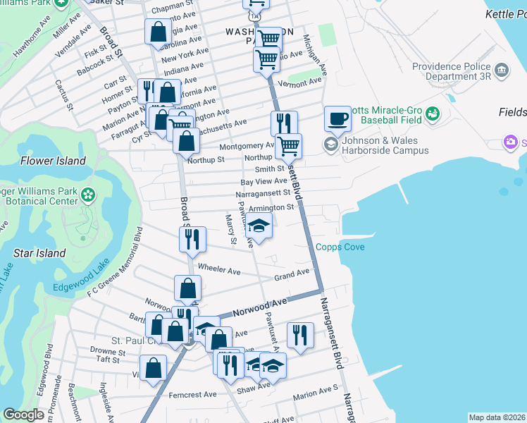 map of restaurants, bars, coffee shops, grocery stores, and more near 120 Pawtuxet Avenue in Cranston