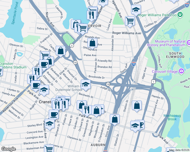 map of restaurants, bars, coffee shops, grocery stores, and more near 41 Brookside Drive in Cranston