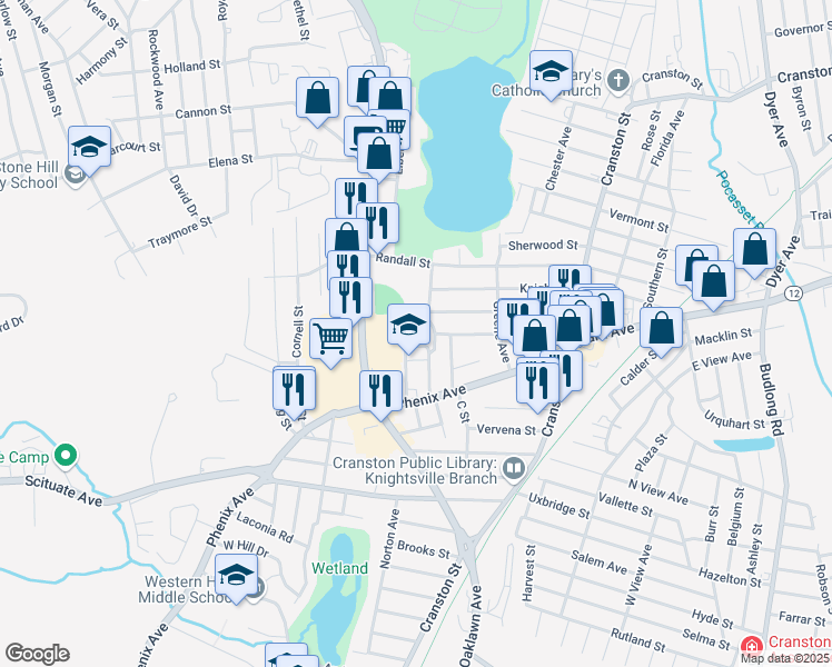 map of restaurants, bars, coffee shops, grocery stores, and more near 15 Mayberry Street in Cranston