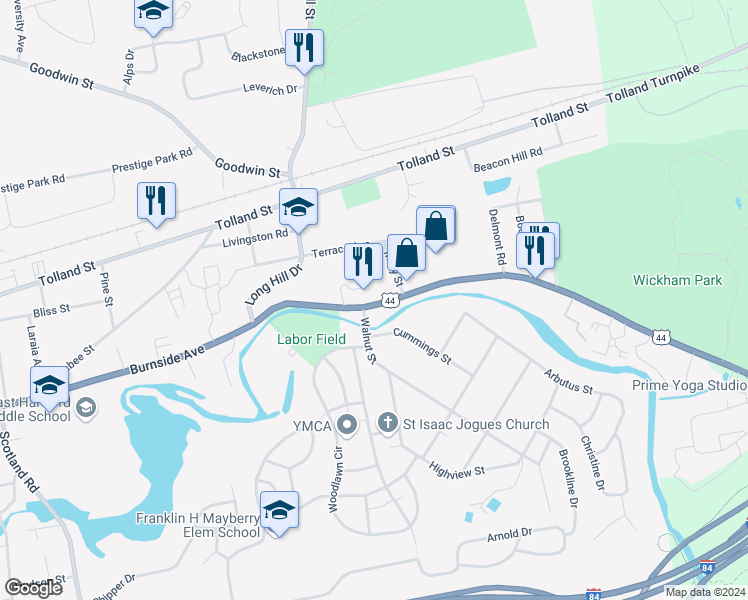 map of restaurants, bars, coffee shops, grocery stores, and more near 1083 Burnside Avenue in East Hartford