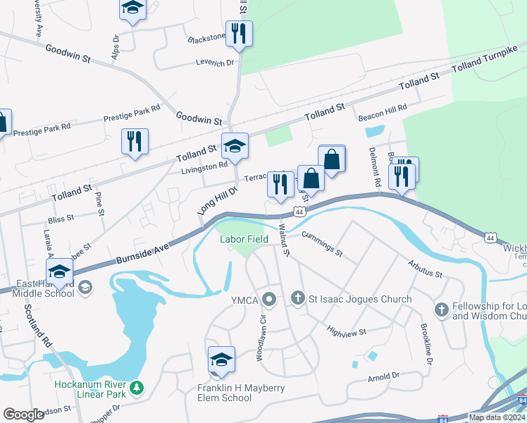 map of restaurants, bars, coffee shops, grocery stores, and more near in East Hartford