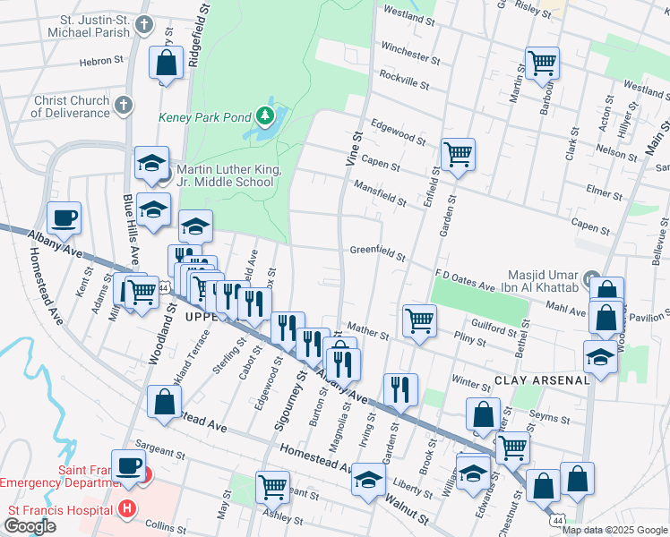 map of restaurants, bars, coffee shops, grocery stores, and more near 95 Vine Street in Hartford