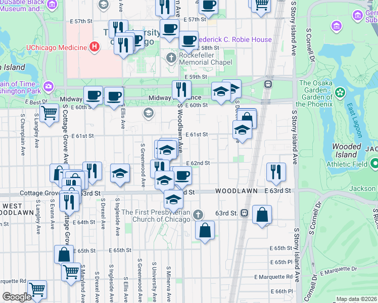 map of restaurants, bars, coffee shops, grocery stores, and more near 1210 East 62nd Street in Chicago