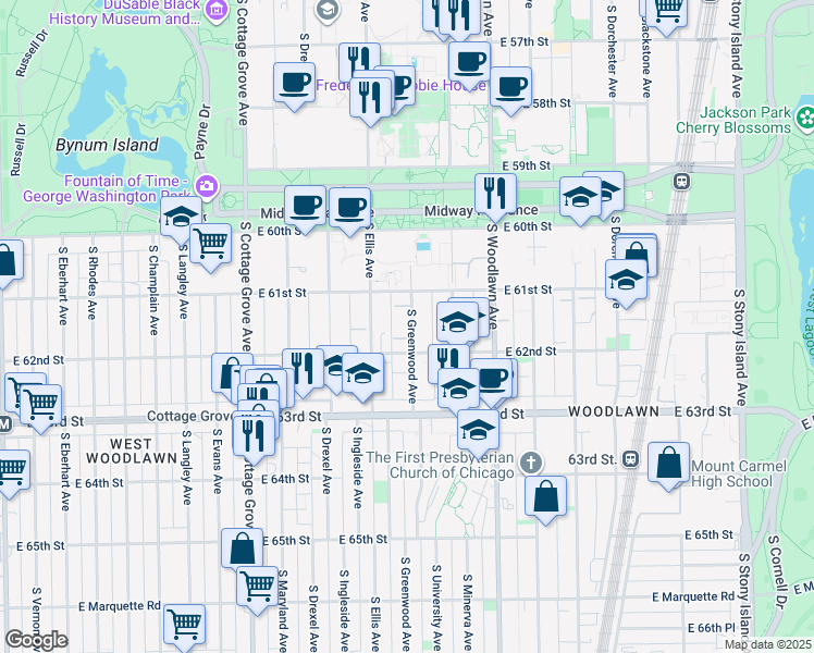 map of restaurants, bars, coffee shops, grocery stores, and more near 6158 South Greenwood Avenue in Chicago