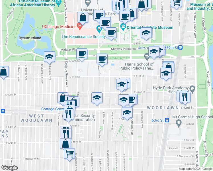 map of restaurants, bars, coffee shops, grocery stores, and more near 6158 South Greenwood Avenue in Chicago