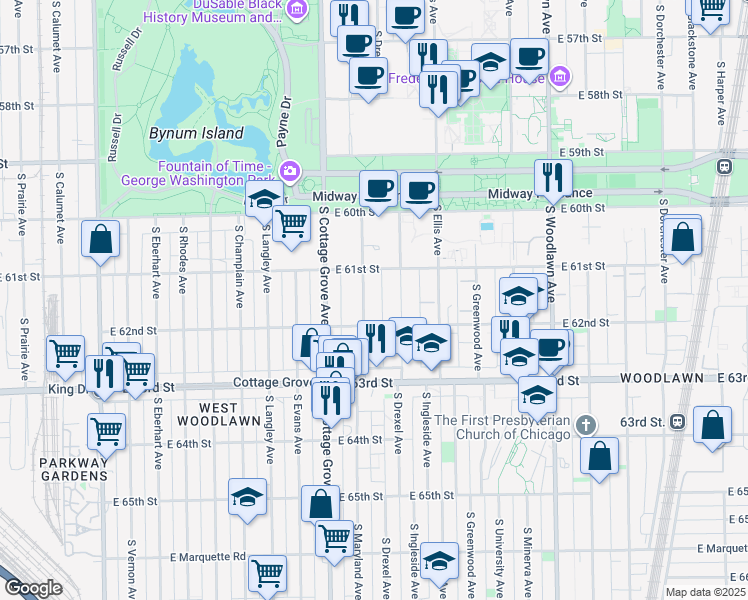 map of restaurants, bars, coffee shops, grocery stores, and more near 6140 South Drexel Avenue in Chicago