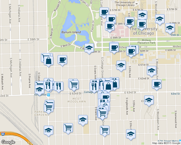 map of restaurants, bars, coffee shops, grocery stores, and more near 6154 South Evans Avenue in Chicago