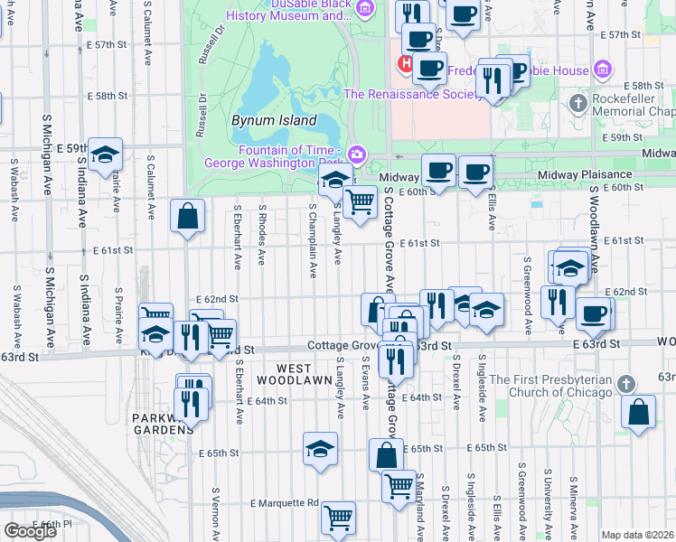 map of restaurants, bars, coffee shops, grocery stores, and more near 648 East 62nd Street in Chicago