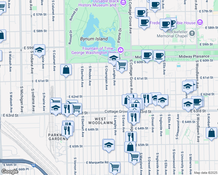 map of restaurants, bars, coffee shops, grocery stores, and more near 648 East 62nd Street in Chicago