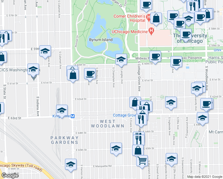 map of restaurants, bars, coffee shops, grocery stores, and more near 6155 South Saint Lawrence Avenue in Chicago