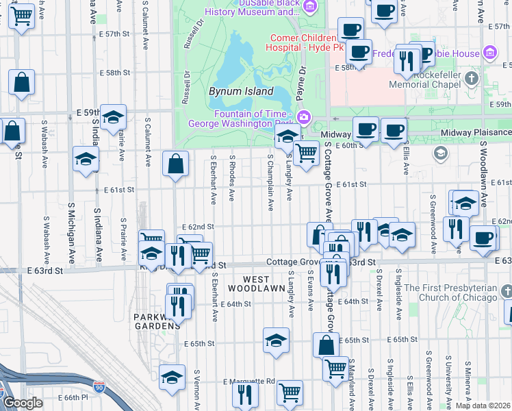 map of restaurants, bars, coffee shops, grocery stores, and more near 6155 South Saint Lawrence Avenue in Chicago