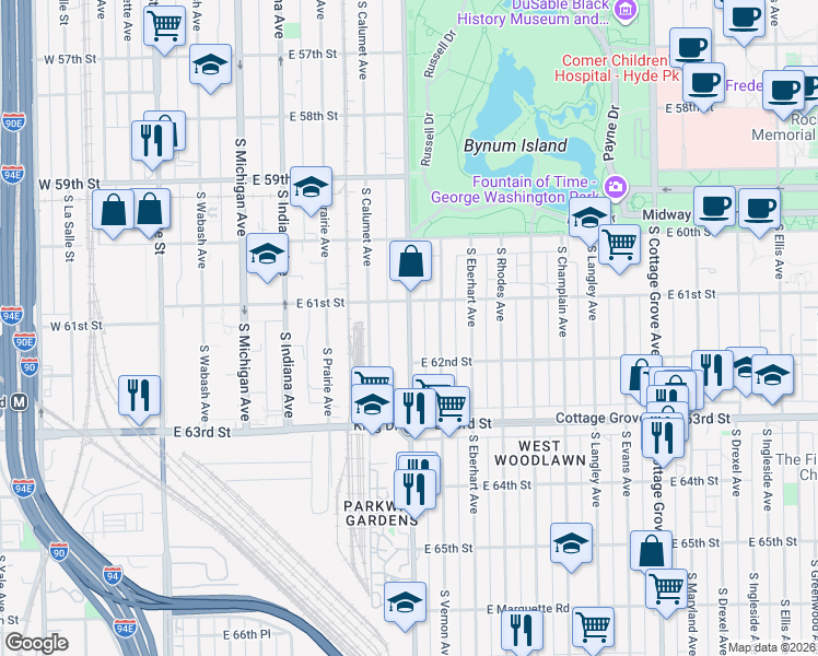 map of restaurants, bars, coffee shops, grocery stores, and more near 6146 South Vernon Avenue in Chicago