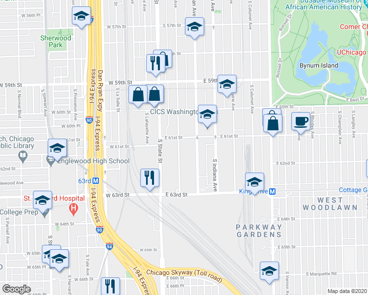 map of restaurants, bars, coffee shops, grocery stores, and more near 6140 South State Street in Chicago
