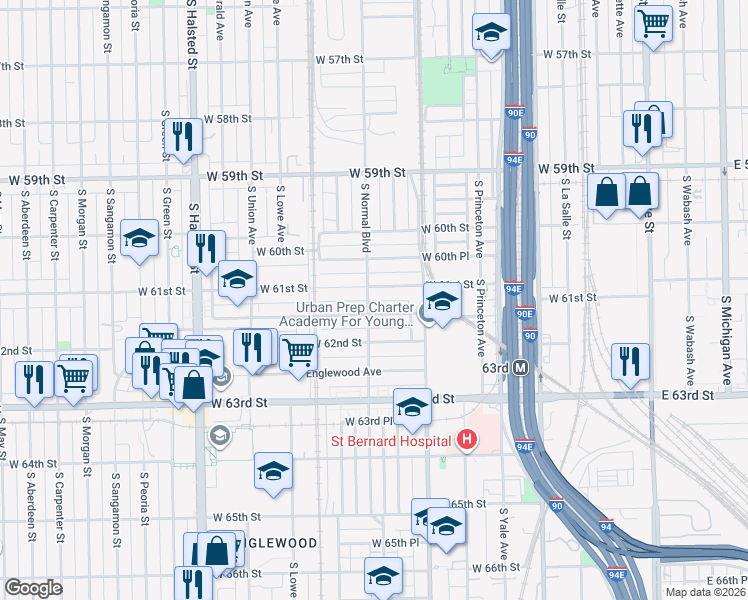 map of restaurants, bars, coffee shops, grocery stores, and more near 6151 South Normal Boulevard in Chicago