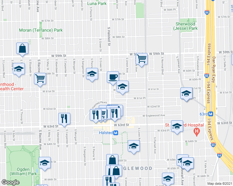 map of restaurants, bars, coffee shops, grocery stores, and more near 720 West 61st Place in Chicago