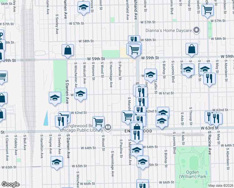 map of restaurants, bars, coffee shops, grocery stores, and more near 6121 South Hermitage Avenue in Chicago