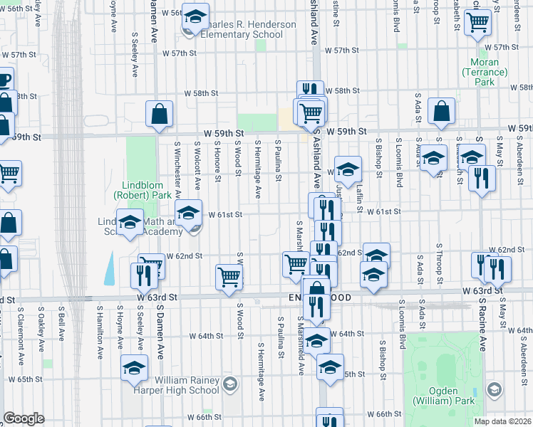 map of restaurants, bars, coffee shops, grocery stores, and more near 6121 South Hermitage Avenue in Chicago