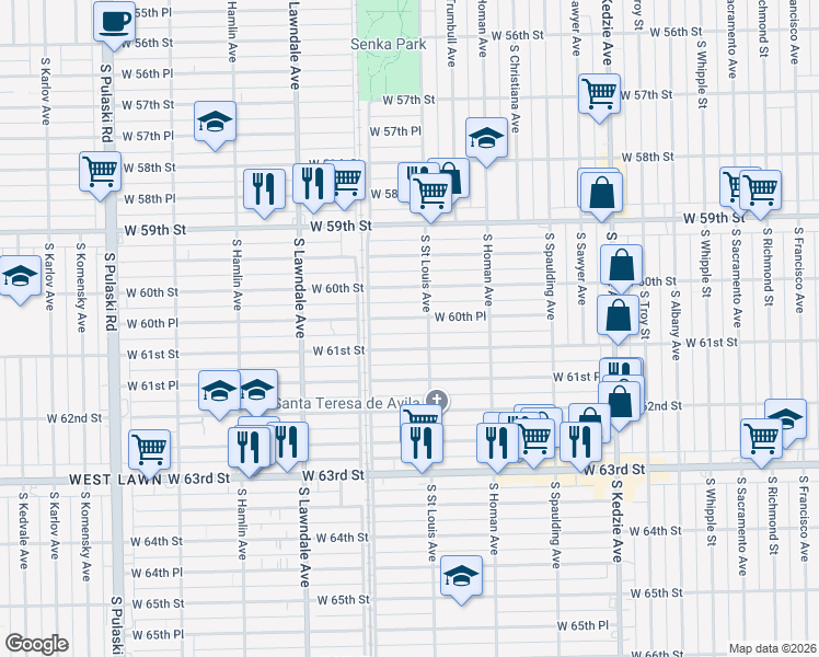 map of restaurants, bars, coffee shops, grocery stores, and more near 3514 West 61st Street in Chicago