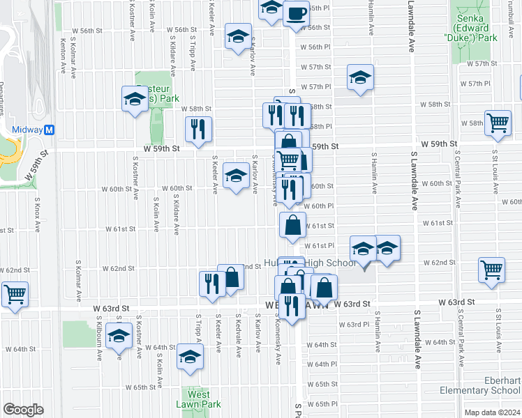 map of restaurants, bars, coffee shops, grocery stores, and more near 6052 South Komensky Avenue in Chicago