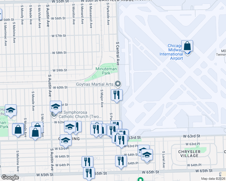 map of restaurants, bars, coffee shops, grocery stores, and more near 6034 South Parkside Avenue in Chicago