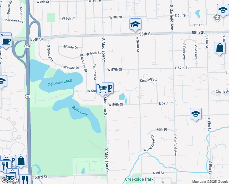 map of restaurants, bars, coffee shops, grocery stores, and more near 315 West 59th Street in Hinsdale