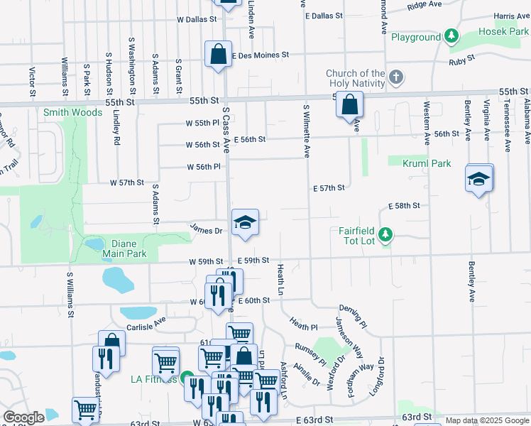 map of restaurants, bars, coffee shops, grocery stores, and more near 700 Heath Court in Westmont