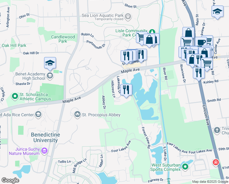 map of restaurants, bars, coffee shops, grocery stores, and more near 5650 Abbey Drive in Lisle