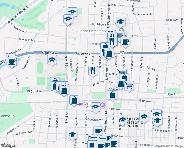 map of restaurants, bars, coffee shops, grocery stores, and more near 625 North Webster Street in Naperville